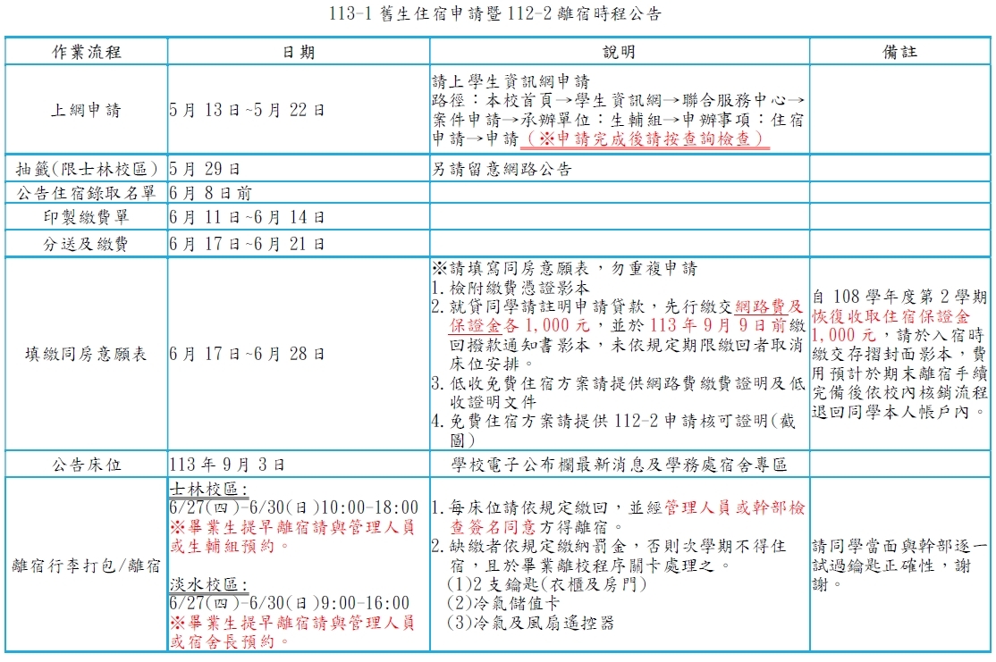 113-1舊生住宿申請暨112-2離宿時程公告