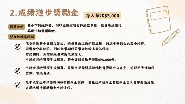 115年度高教深耕附錄一計畫內容調整提醒 為配合教育部高等教育深耕計畫推動方向及本校實際執行情形，115年度高教深耕附錄一之申請資格、輔導機制、補助項目、獎勵標準及申請流程等內容較往年有較大幅度調整。  請有意申請之同學務必詳閱本年度實施要點、申請流程及相關規定，確認自身申請資格、應完成之輔導機制、申請文件及申請期限後再提出申請。曾參與過往年度計畫之同學，亦請勿直接依循往年申請方式辦理，以免因不符本年度規定而影響申請權益。  各項補助及獎勵措施均以115年度公告內容為準，如有疑問，請洽承辦單位詢問。圖片